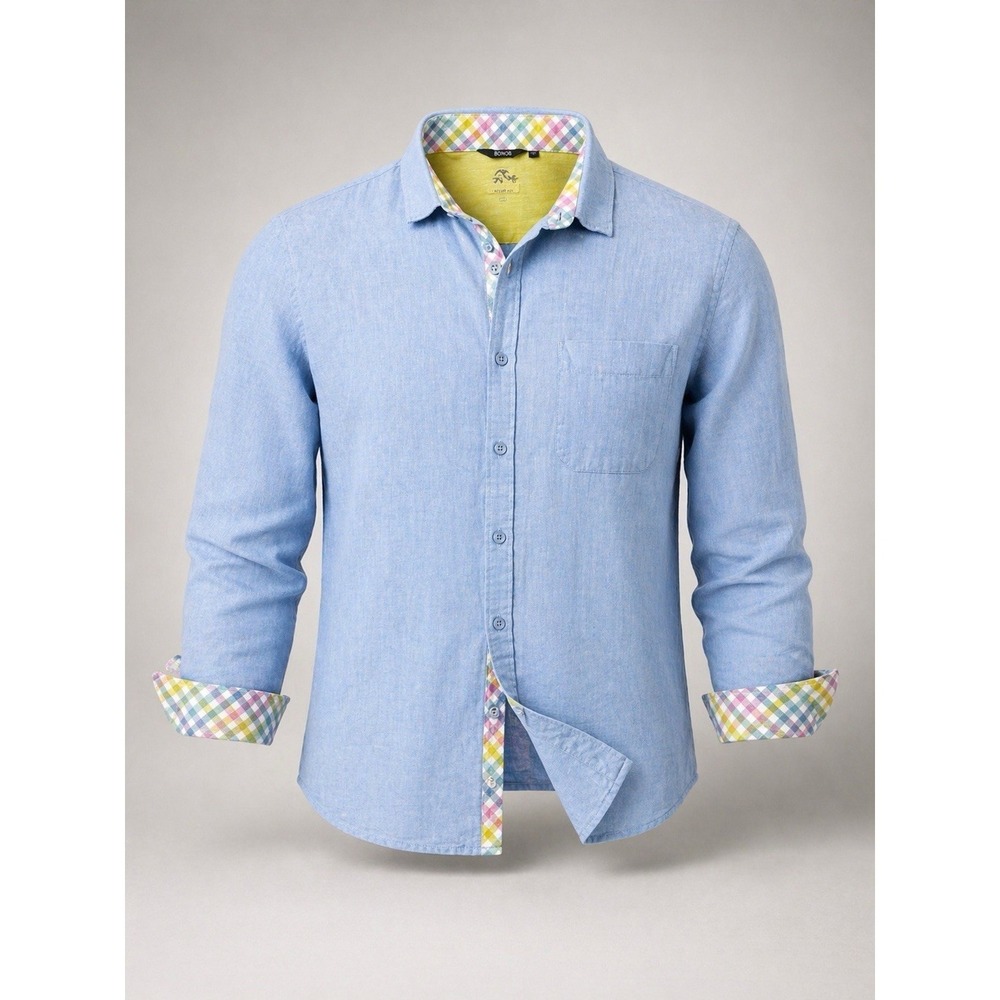 Bohio Mens Linen Button Up Shirt XL Blue Lightweight Long Sleeve Beach Casual